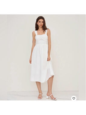 Cider LINEN-BLEND SQUARE NECK SHIRRED RUFFLE MIDI DRESS M FE2-11